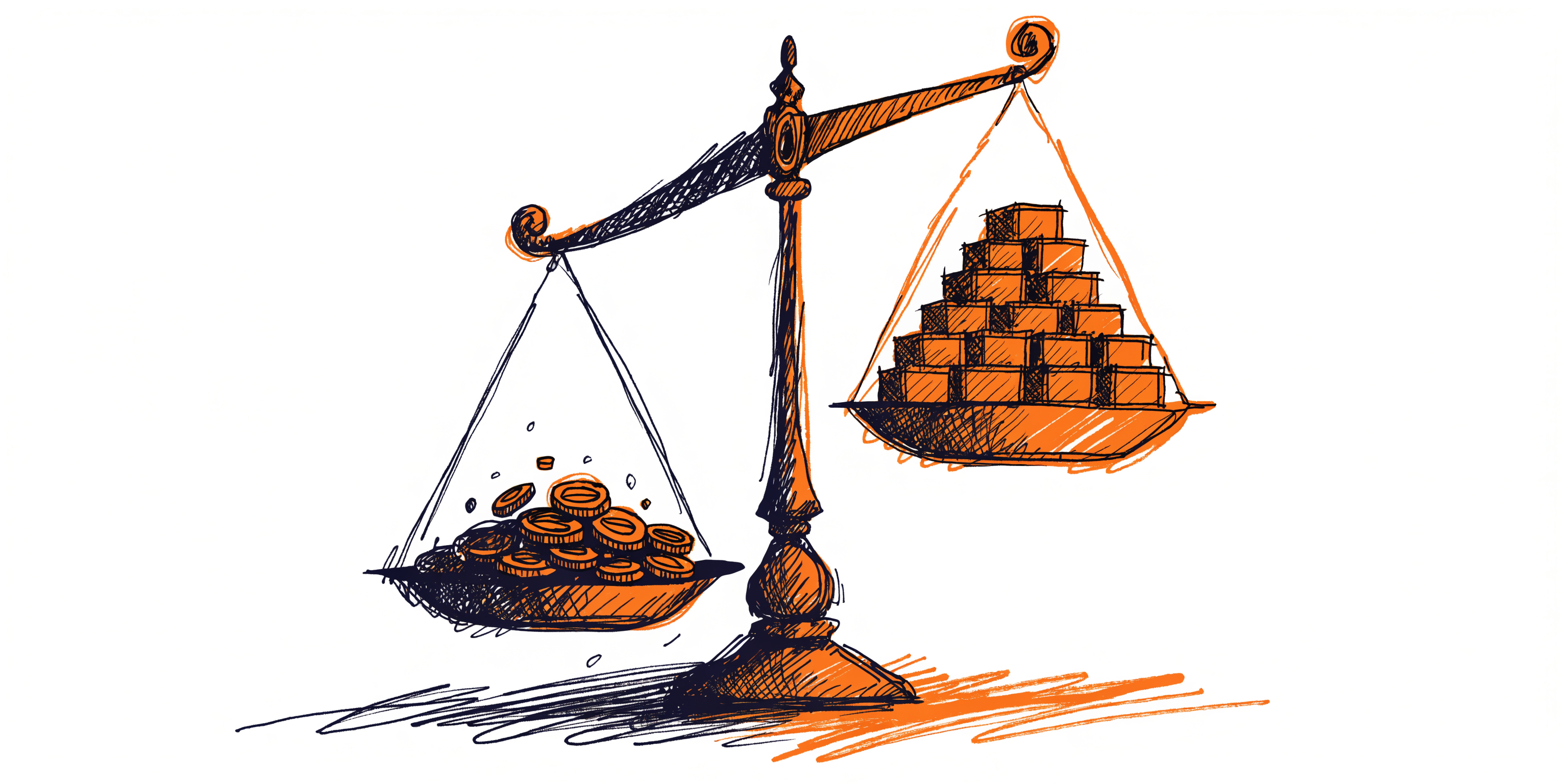 Illustration of a balance scale with scattered coins on one side and organized blocks on the other — comparing accounting methods