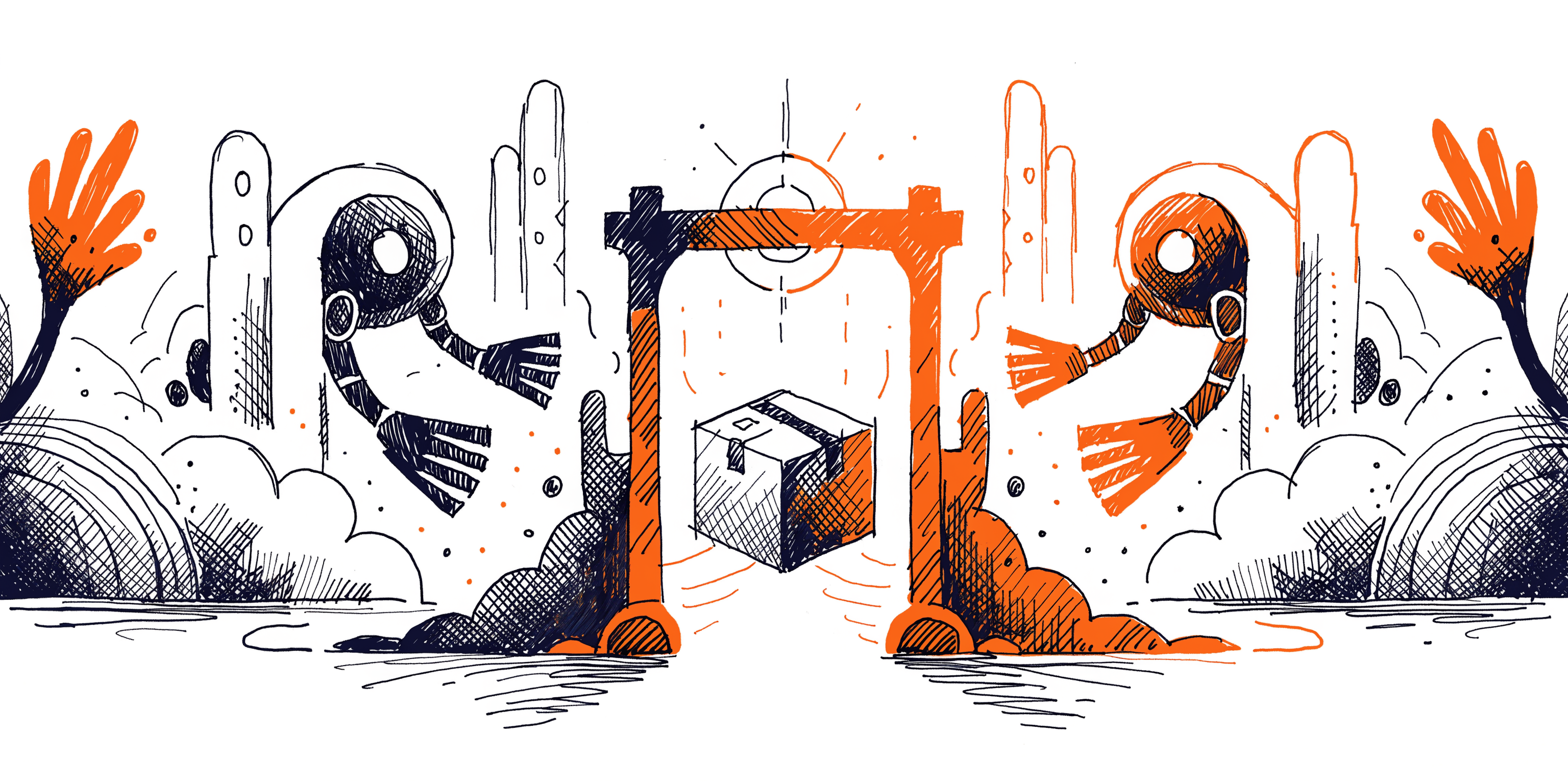 Illustration of a checkpoint inspection gate examining a merchant box — buyer due diligence verification