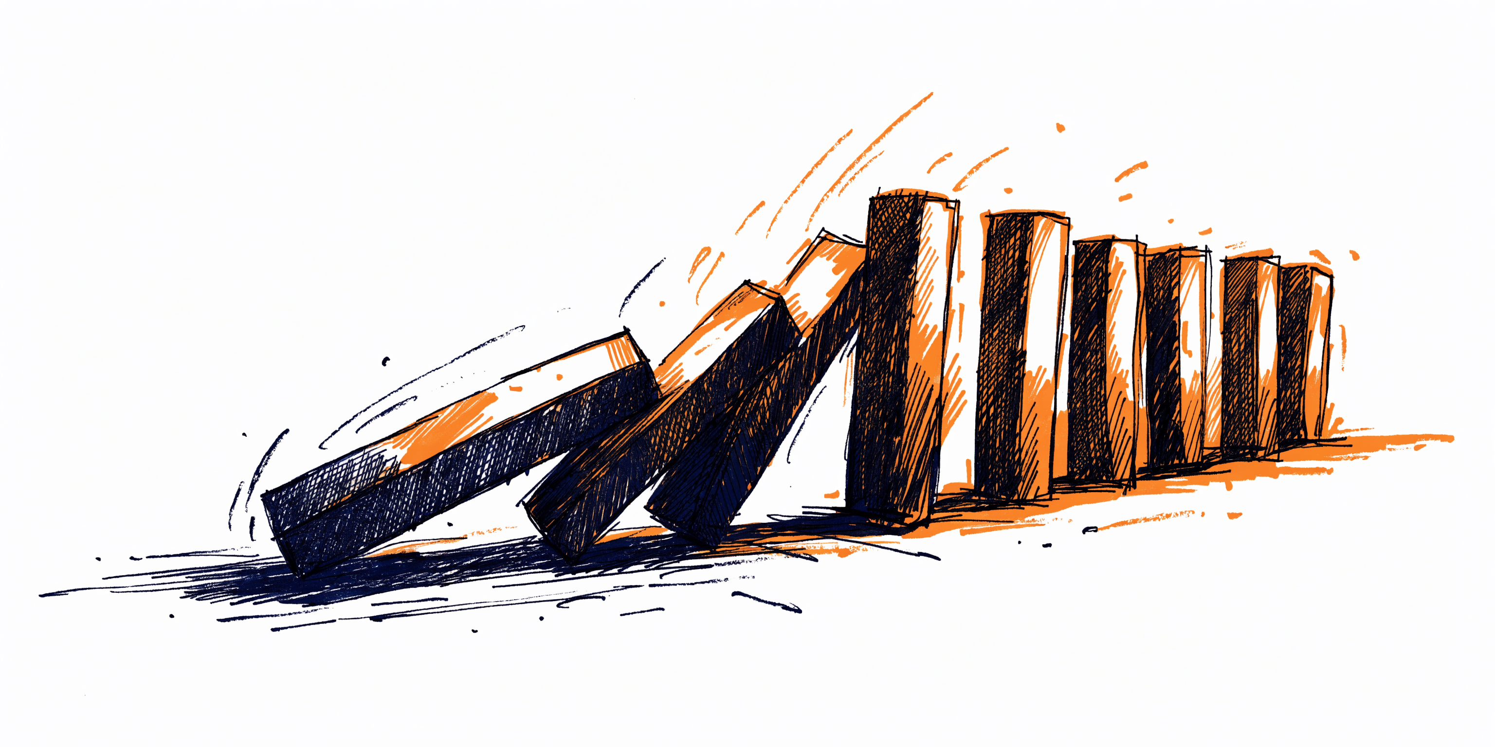 Illustration of dominoes mid-topple — a cascade of seller mistakes
