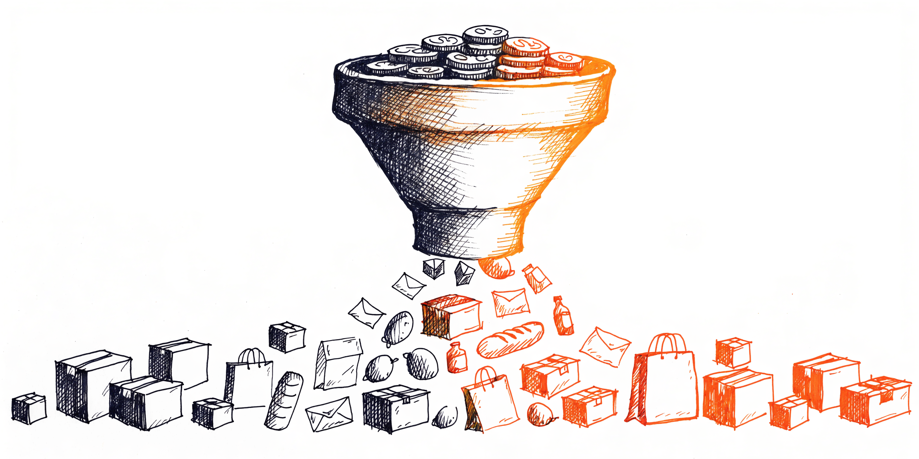 Illustration of coins being funneled into a hopper with packages flowing out — representing the ad spend to total sales ratio