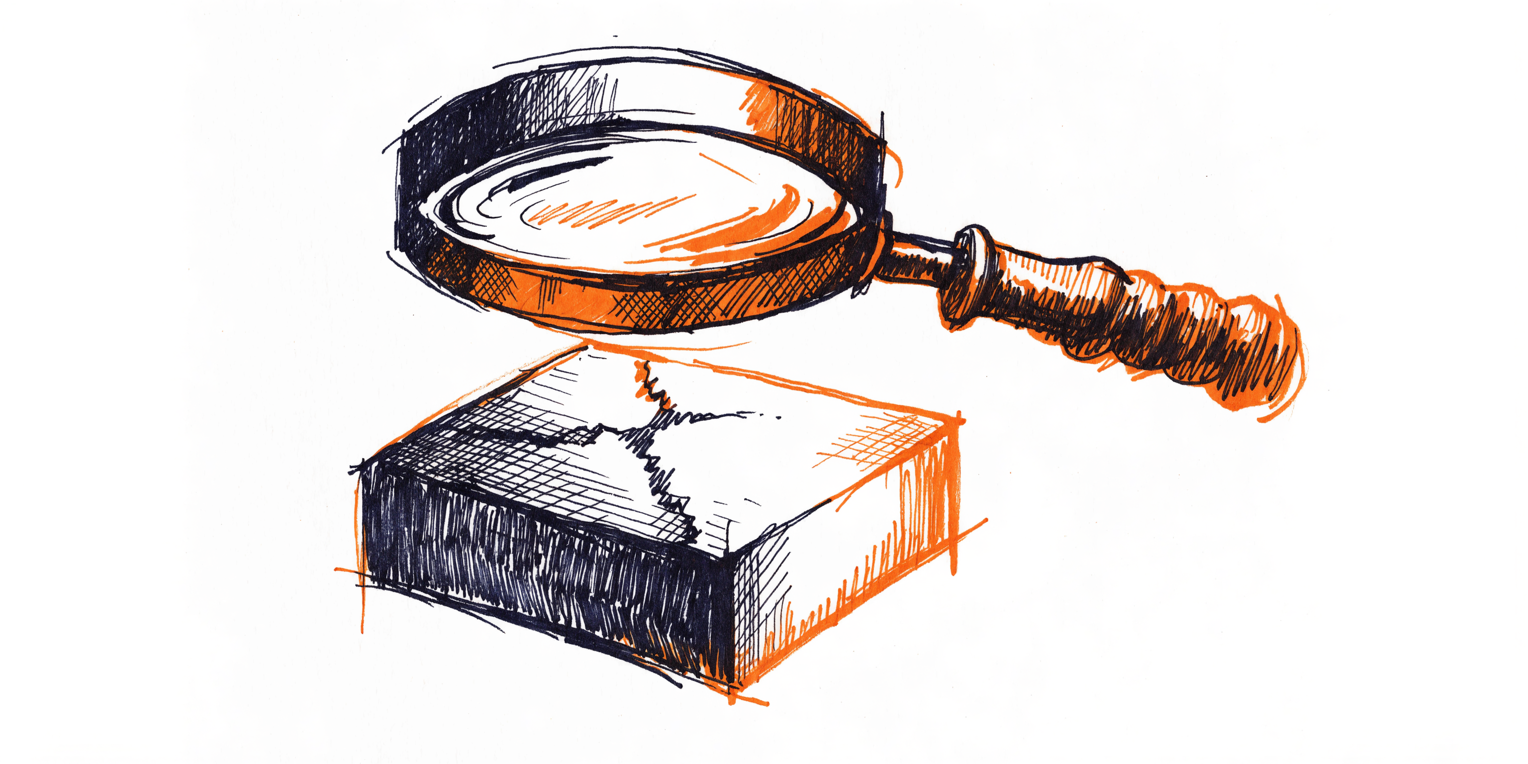 Illustration of a magnifying glass revealing a crack in a box — due diligence inspection