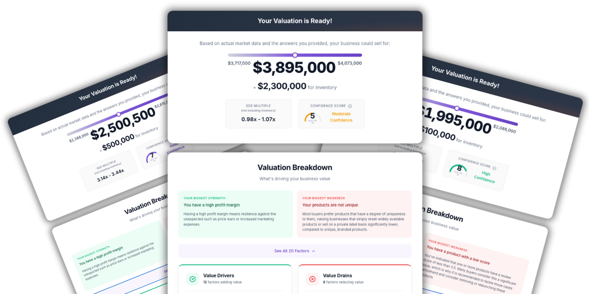 Example valuation results showing multiple Amazon FBA business valuations